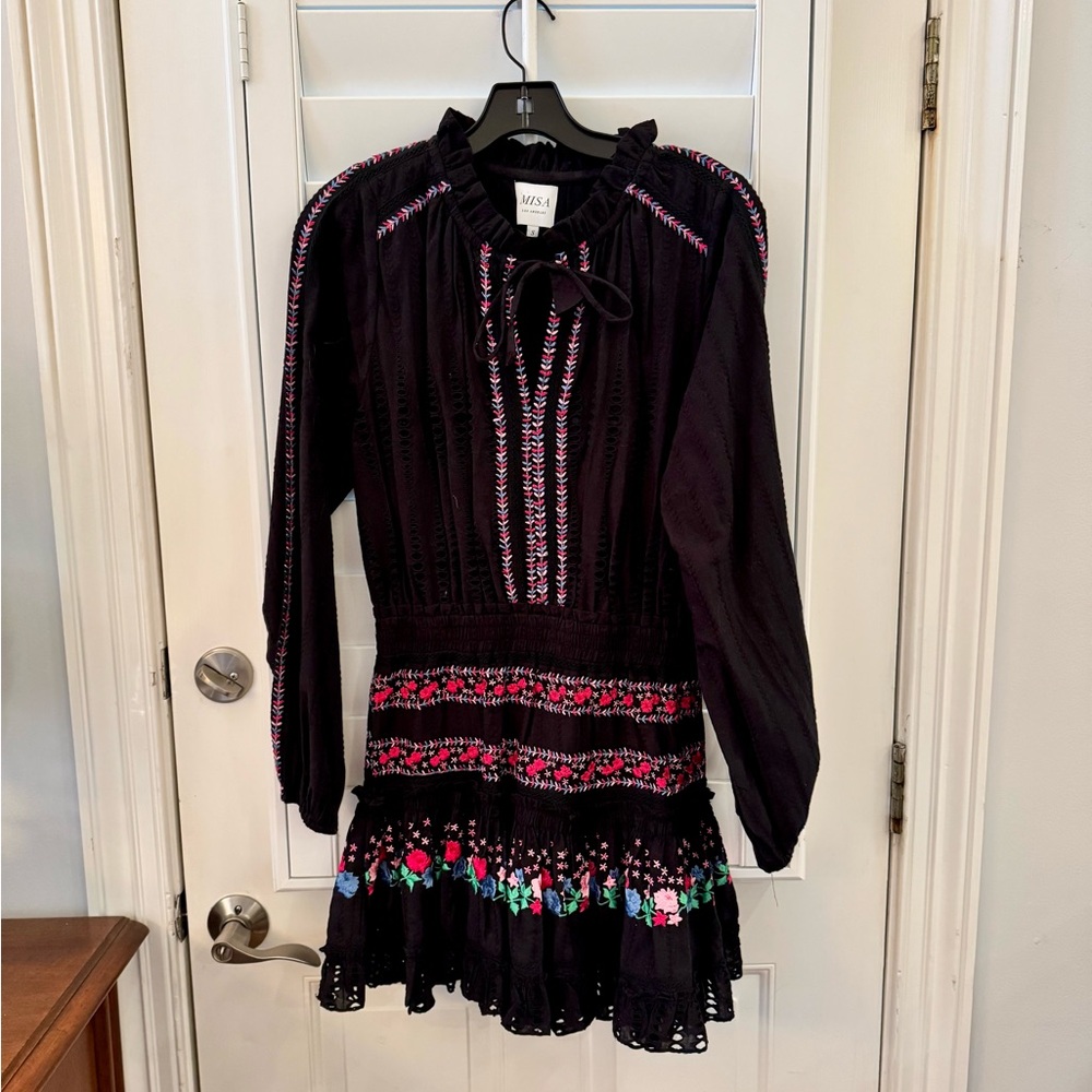 Misa Los Angeles Black Dress with Pink and Red Embroidery